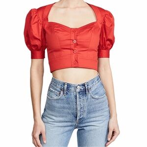 STAUD red puff sleeve cotton poplin crop top XXS 0